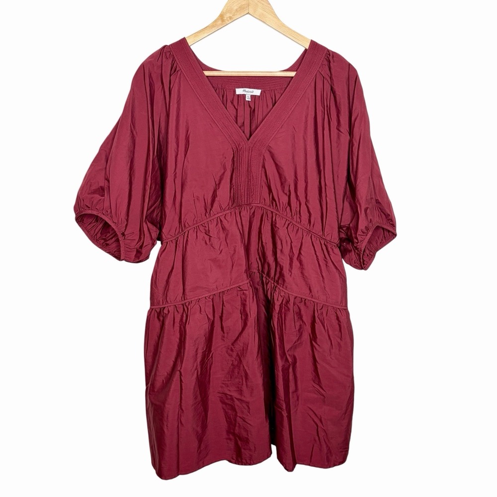 Madewell Puff Sleeve Poplin Mini Dress Burgundy Womens XL Boho Dark Cottagecore